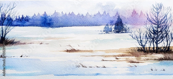 Obraz Winter Landscape. Watercolor illustration.