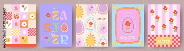 Obraz Happy Easter Set of cute greeting card, poster, holiday cover or web banner. Trendy design with typography, hand drawn flowers and Easter eggs in geometric style with doodles. Easter art template