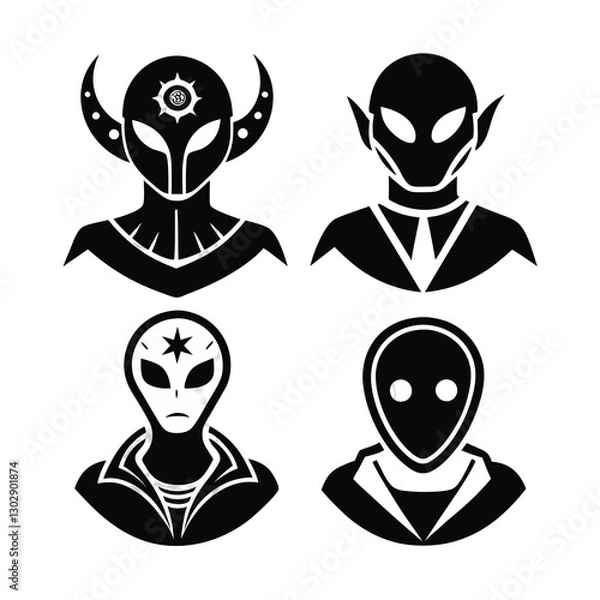 Fototapeta set of 4 Alien icons of silhouette black illustration isolated on a transparent background