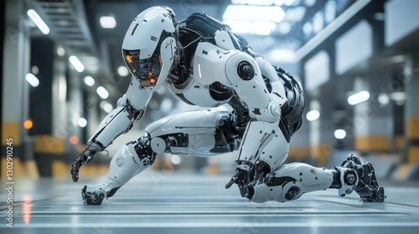Fototapeta Advanced Robotics: A Kneeling Android in a Futuristic Setting