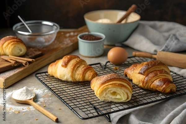 Fototapeta Freshly baked croissants on cooling rack with baking ingredients in kitchen setting