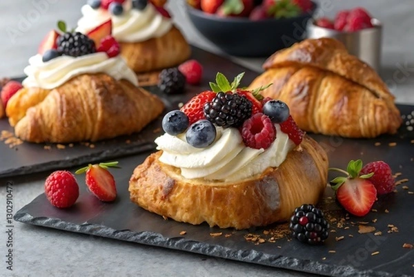 Fototapeta Freshly baked croissants with berries and cream topping on slate plates
