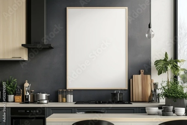 Fototapeta Mockup de moldura vertical em cozinha moderna com utensílios, plantas e decoração minimalista, criado com IA generativa para visualização de arte e design