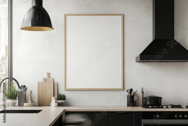 Fototapeta Mockup de moldura vertical em cozinha moderna com utensílios, plantas e decoração minimalista, criado com IA generativa para visualização de arte e design