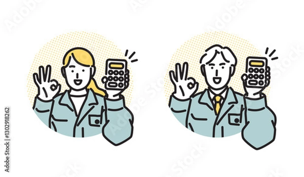 Obraz シンプル　イラスト　笑顔で見積もりを提示する作業着の男女