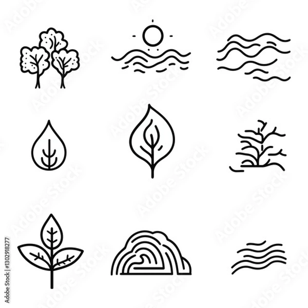 Obraz Line art illustration of nature elements like trees, leaves, and water.