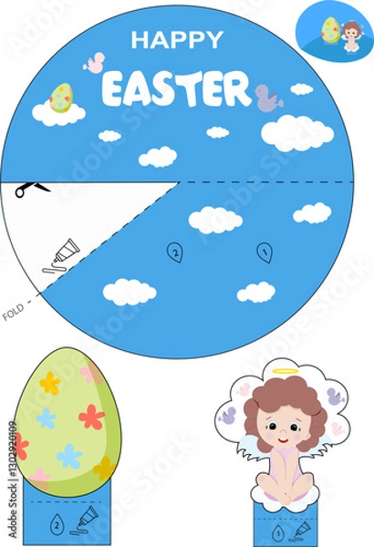 Obraz 3D Easter card. Vector card for creativity on the theme of Easter with an angel and an egg. This card can be cut out and glued with children or loved ones.