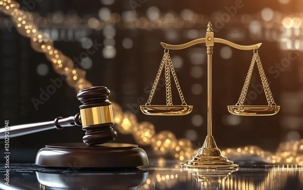 Fototapeta Illustration of the golden scales of justice weighing ethical dilemmas in biolaw