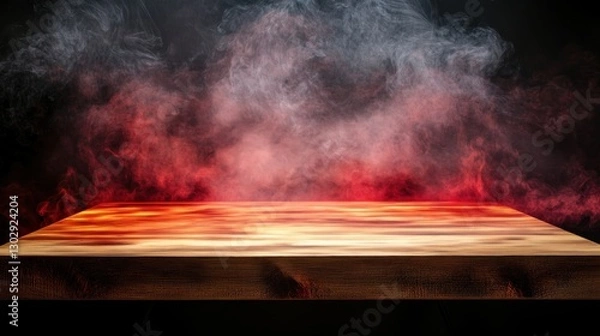 Fototapeta Wood Tabletop with Red and White Smoke Product Mockup Backdrop