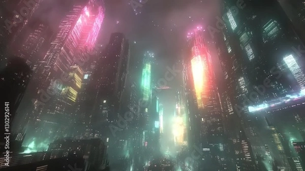 Fototapeta Futuristic Cityscape at Night with Glowing Skyscrapers and Dreamy Atmosphere