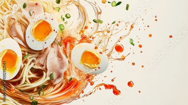 Fototapeta Ramen noodles with tender pork slices, soft-boiled eggs, and a splash of broth and chili pepper, capturing the essence of a flavorful Japanese ramen dish.