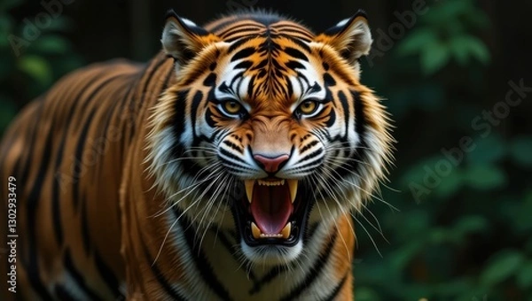 Fototapeta Ferocious Tiger Roaring with Bared Teeth in Dense Forest Habitat During Daylight