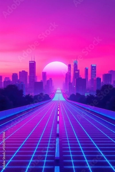 Fototapeta Retro futuristic cityscape with glowing road and sunset sky evokes 80s nostalgia and digital vibes.