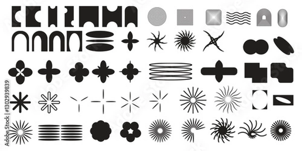 Fototapeta Brutalist Abstract Geometric shapes and grids, Brutal contemporary figure star oval spiral flower and other primitive elements. Bauhaus memphis design.