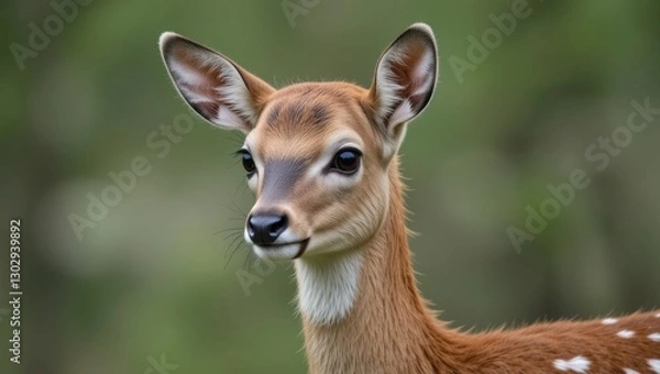 Fototapeta Portrait of a Young Fawn with Soft Features and Ears Alert in a Green Forest Background