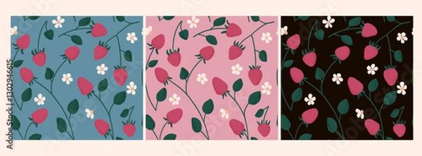 Fototapeta Pink strawberry seamless pattern with leaves and flowers on blue, pink and black background