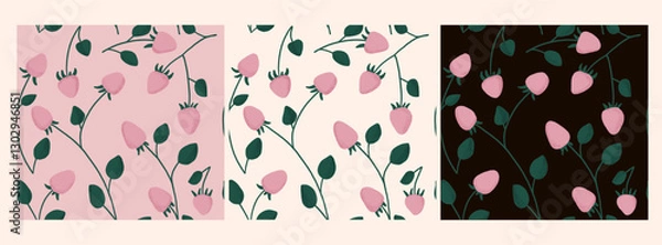 Fototapeta Pink strawberry seamless pattern with leaves on cream, blush and black background