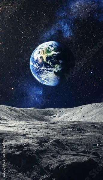 Fototapeta Stunning view of earth rising over the moon s surface against the vastness of deep space