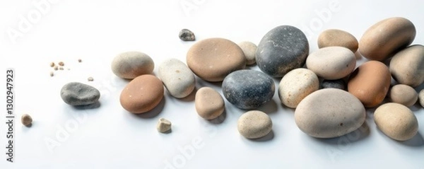Fototapeta Varied sized river rocks casually strewn across a bright white surface, form, image, white