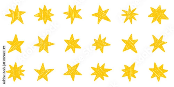 Fototapeta Chalk pencil stars and sparkles doodle set. Crayon Twinkle, blink, firework, glitter silhouette and glowing symbols in sketch style, Hand drawn vector illustration isolated on white background