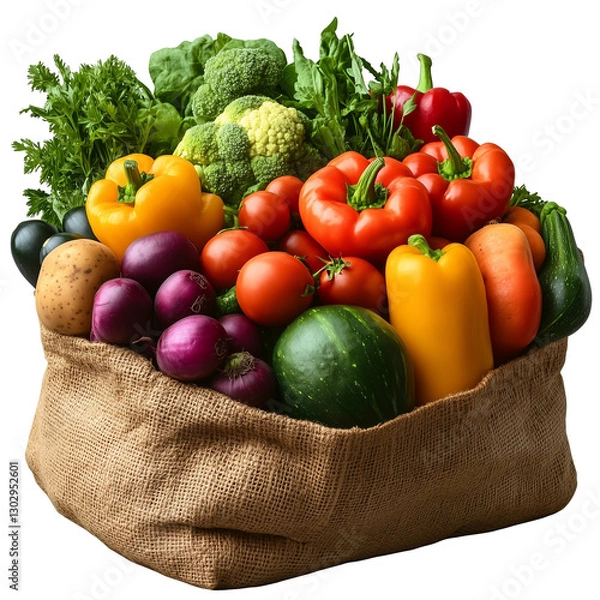 Fototapeta Fresh vegetables including tomatoes, lettuce, and peppers neatly arranged in an eco-friendly paper bag, symbolizing health, sustainability, and natural goodness.