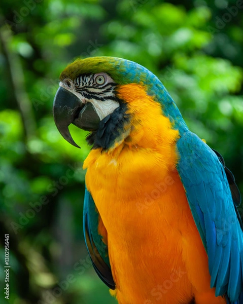 Obraz Side close-up portrait of the great macaw of the species Ara ararauna with its vibrant colors in shades of green, yellow, blue, white and black