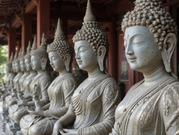 Fototapeta Row of Serene Buddha Statues in a Traditional Temple Setting Emphasizing Spiritual Tranquility