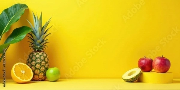 Fototapeta Vibrant Yellow Background Featuring Pineapple, Apples, Orange Slice, and Green Apple on a Minimalist Display
