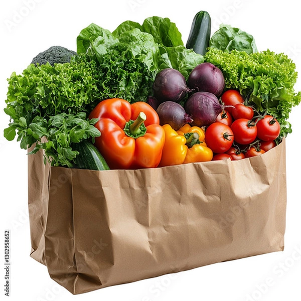 Fototapeta Fresh vegetables including tomatoes, lettuce, and peppers neatly arranged in an eco-friendly paper bag, symbolizing health, sustainability, and natural goodness.