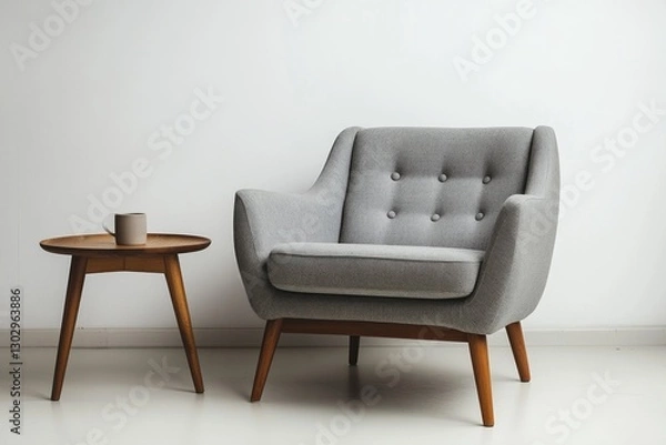 Fototapeta Modern gray armchair and side table in a white room. Interior design. Possible use Stock photo for furniture catalog