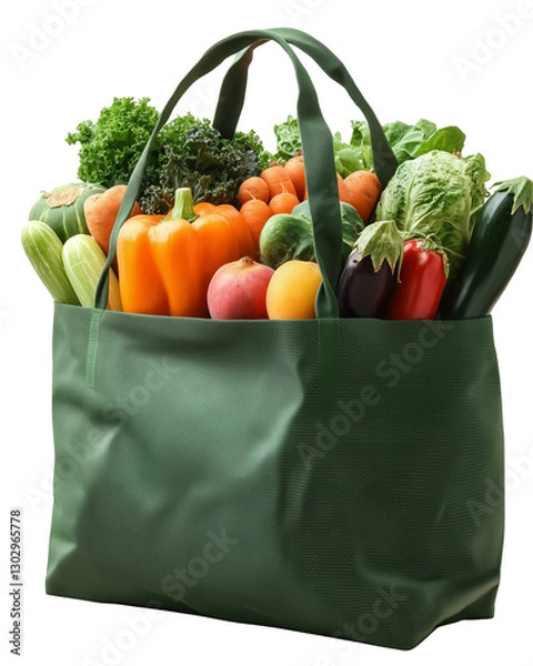 Fototapeta Healthy groceries packed in a reusable bag, featuring vibrant vegetables for farm-fresh shopping.