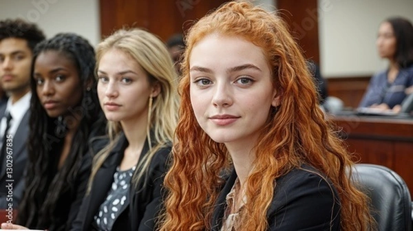 Obraz A diverse group of young adults sits in a courtroom, dressed in formal attire, attentively focused on the ongoing discussions and legal proceedings taking place around them.