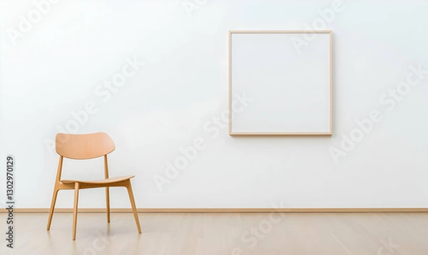 Obraz Minimalist Room with Wooden Chair and Empty Frame on Wall