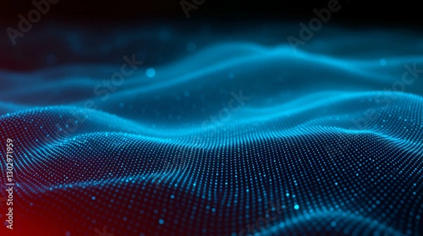 Obraz Abstract background with glowing blue dots forming smooth, flowing digital waves. The red glow adds a dynamic, futuristic effect in a dark environment