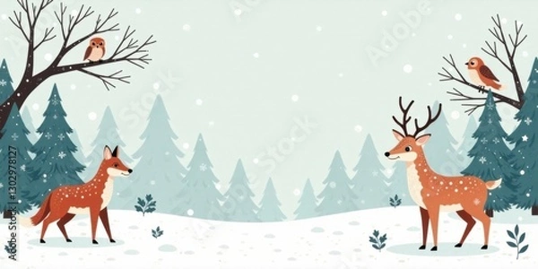 Fototapeta Winter Wonderland  A Festive Scene with Forest Animals Enjoying a Snowy Day