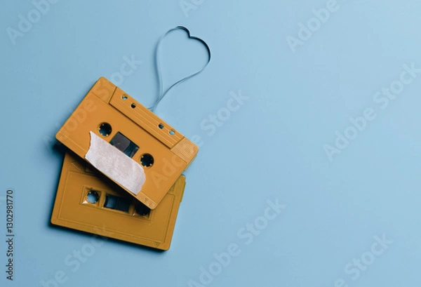 Fototapeta Audio cassette tape with label tag love song tangled tape ribbon heart shape on blue background, top view.
