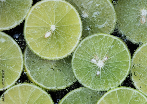 Fototapeta Close up of fresh lime slice in sparkling water with bubbles