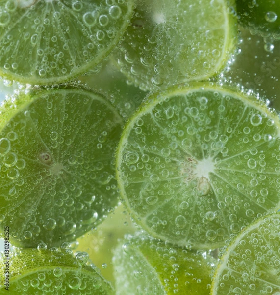 Fototapeta Close up of fresh lime slice in sparkling water with bubbles