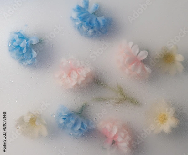 Fototapeta Top view closeup of different flowers with soft blur and waterdrops background,Abstract Nature blur background.