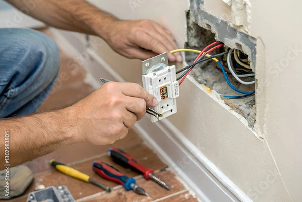 Fototapeta Electrician’s hands carefully install an electrical outlet into the wall, ensuring a reliable and safe power supply system in the interior.