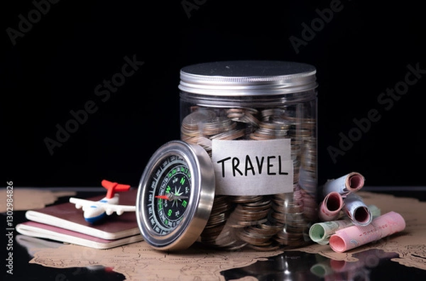 Fototapeta Travel money savings in a glass jar with compass, passport travel document on world map, close-up. Travel budget concept.