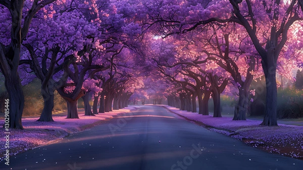 Obraz Serene pathway lined with vibrant purple flowering trees, leading to a tranquil landscape at dusk