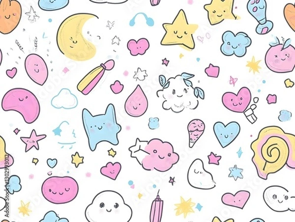 Fototapeta Charming Kawaii Doodle Seamless Pattern with Playful Hand Drawn Graphic Elements