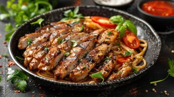 Fototapeta Grilled chicken and spaghetti with cherry tomatoes on dark plate, sauces in background