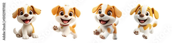 Obraz Set of cute playful puppies running joyfully in a fun setting isolated on transparent background, Cutout PNG