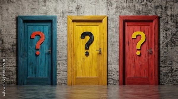Fototapeta Several doors of different colors on the wall and question marks. Complex solution concept