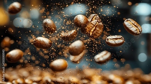 Fototapeta Dynamic Action Shot of Coffee Beans in Mid-Air with Fine Particles Capturing the Essence of Freshness