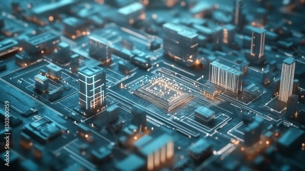 Fototapeta Futuristic circuit board with illuminated structures.