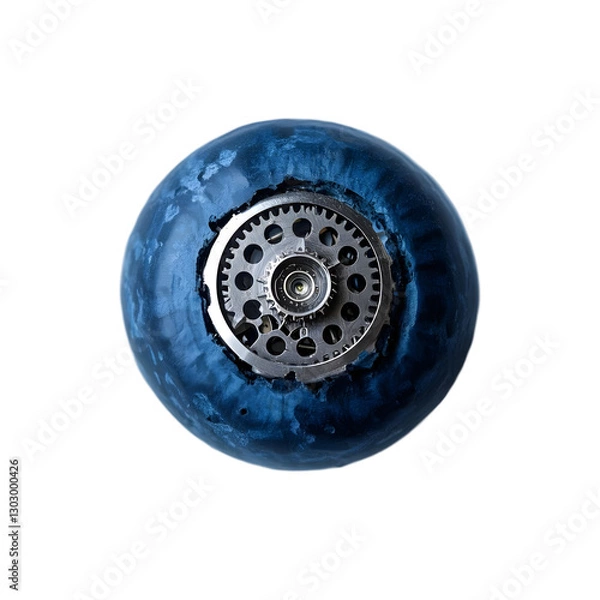 Obraz A blueberry with a metallic blue surface, featuring tiny, intricate gears rotating inside