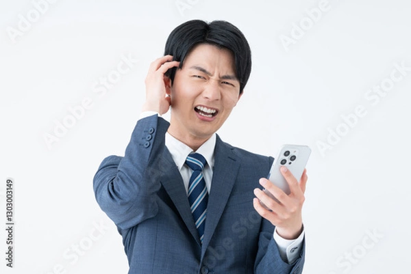 Fototapeta スマホで悩む若いビジネスマン